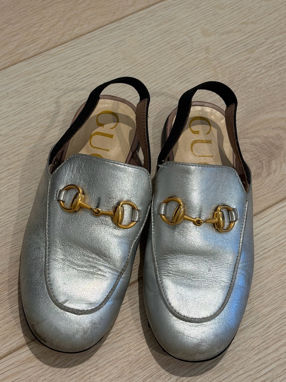 Gucci Silver Metallic Horsebit Slingback Mules